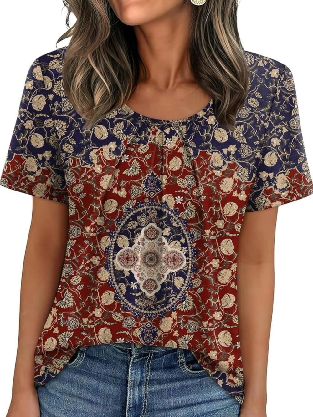 Boho Floral Medallion Short Sleeve Top - Red & Navy - Picture 1 of 5